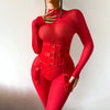 Luksusowy Czerwony Komplety Bielizny – Gorset, Bodystocking, Podwiązki