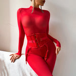 Luksusowy Czerwony Komplety Bielizny – Gorset, Bodystocking, Podwiązki