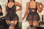 Zmysłowa Koronkowa Bielizna Plus Size z Pończochami – Czarne i Bordowe Kropki z Fiszbinami