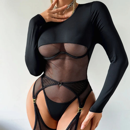 Komplet Midnight Noir – Zmysłowe Body z Siateczki + POŃCZOCHY GRATIS!