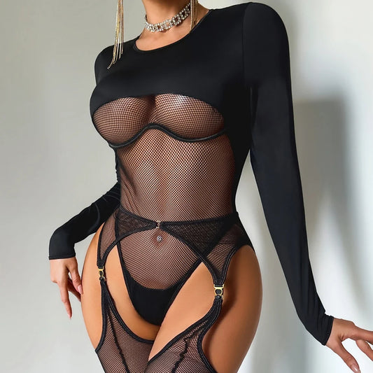 Komplet Midnight Noir – Zmysłowe Body z Siateczki + POŃCZOCHY GRATIS!