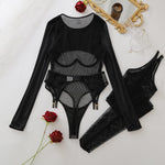 Komplet Midnight Noir – Zmysłowe Body z Siateczki + POŃCZOCHY GRATIS!
