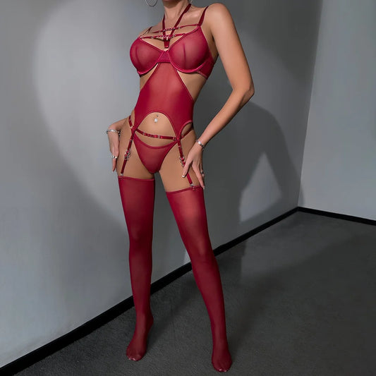 Zmysłowy Zestaw Bielizny z Pończochami i Paskami Harness + POŃCZOCHY GRATIS!